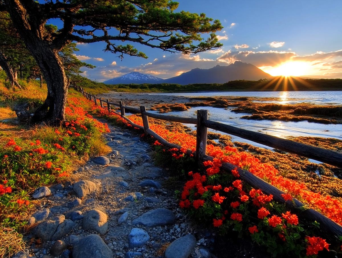 Ghép hình bãi biển bên hàng rào gỗ