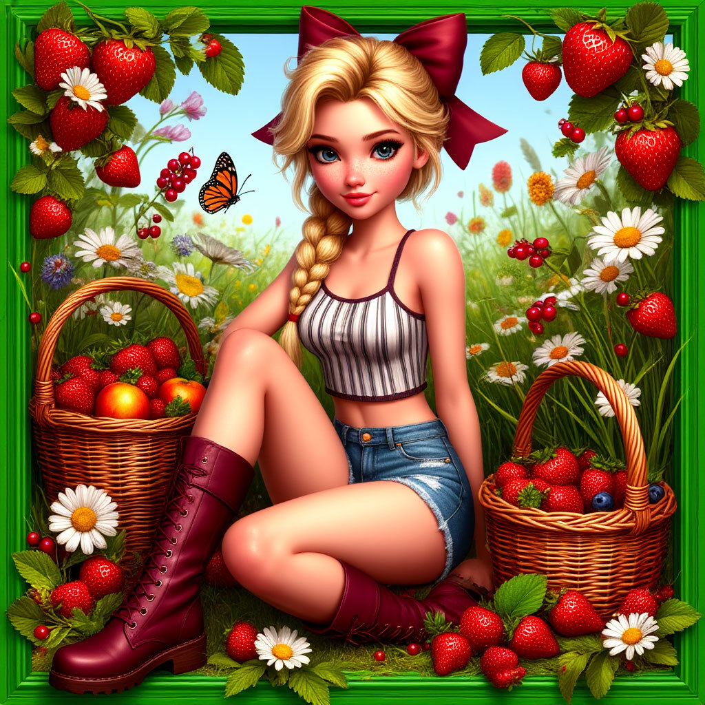 Cô gái ngồi bên cánh đồng dâu