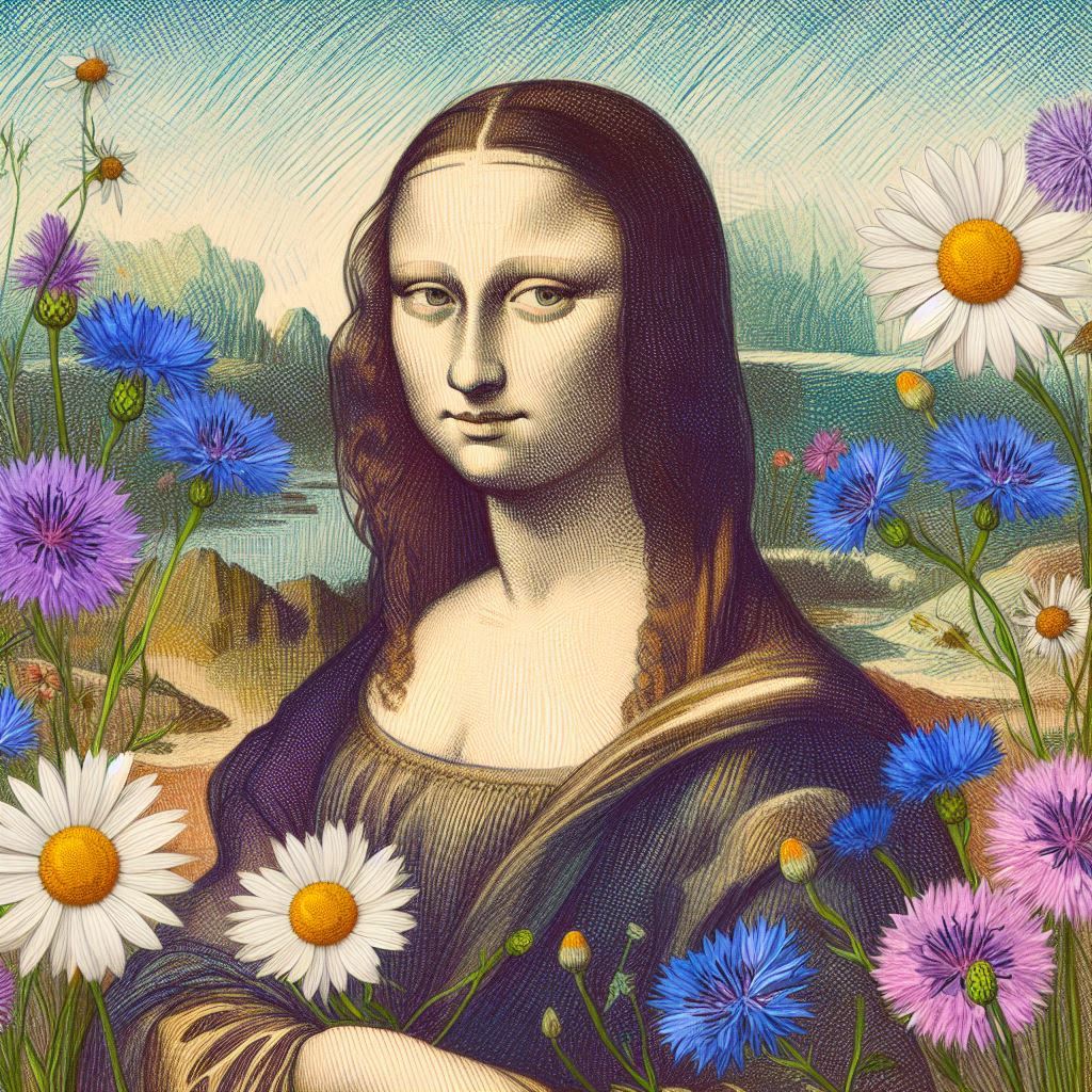 Mona Lisa với hoa thanh cúc, hoa cúc theo phong cách Van Gogh Peshko
