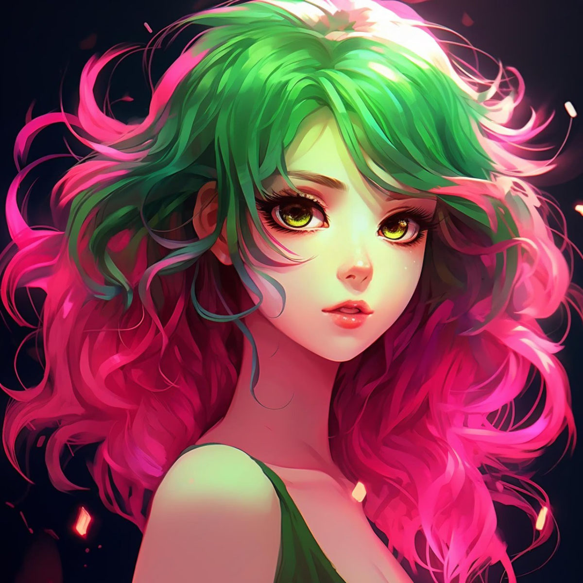 Ghép hình anime girl with pink green hair green eyes