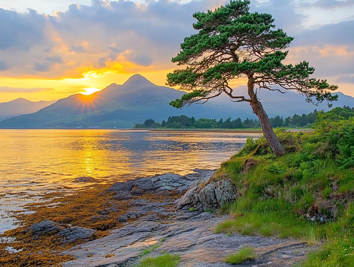 Ghép hình cây thông cô đơn bên hồ Scottish Loch